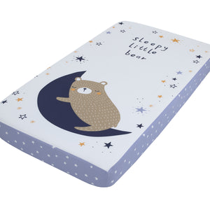 NoJo Goodnight Sleep Tight White and Blue Bear, Moon, and Star 100% Cotton Photo Op Fitted Crib Sheet
