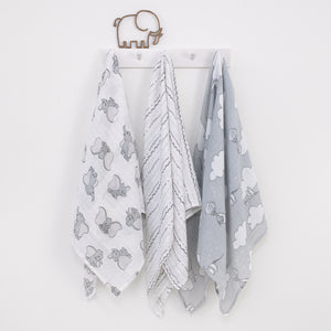 Disney Dumbo Gray and White 3 Piece Muslin Swaddle Baby Blanket Set