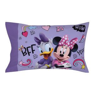 Disney Minnie Mouse I am Awesome Lavender, Pink, and White with BFF Daisy Duck, and Figaro the Cat 4 Piece Toddler Bed Set - Comforter, Fitted Bottom Sheet, Flat Top Sheet, and Reversible Pillowcase