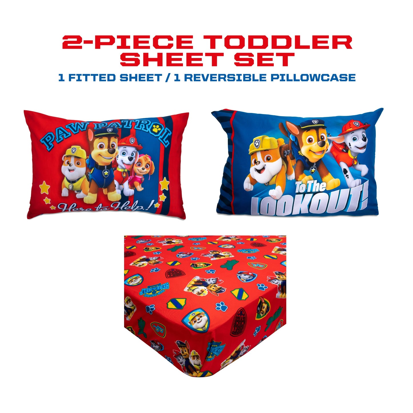 NoJo Paw Patrol 2 Piece Toddler Sheet Set - Includes a Fitted Sheet and Reversible Pillowcase