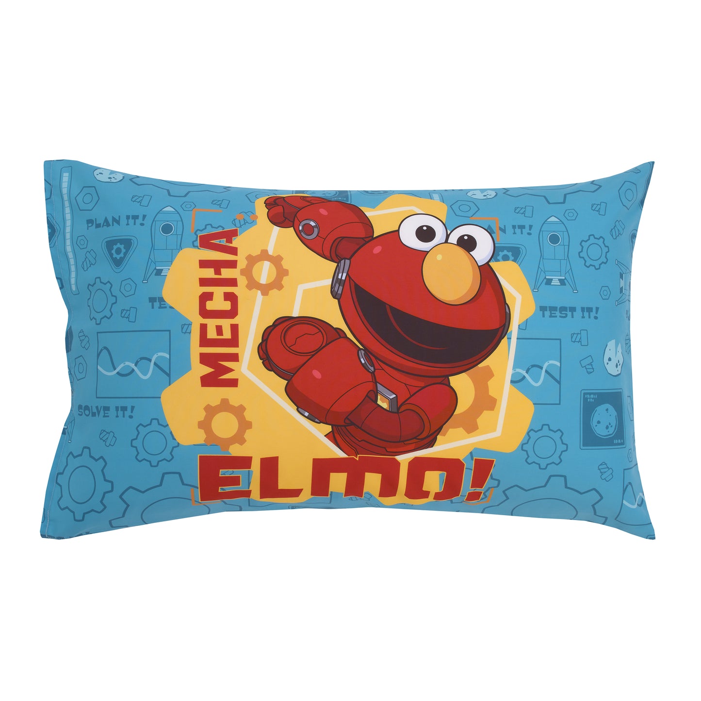 Sesame Street Mecha Builders Blue, Red, and Gold, with Cookie Monster, Elmo and Abby 4 Piece Toddler Bed Set - Comforter, Fitted Bottom Sheet, Flat Top Sheet, and Reversible Pillowcase