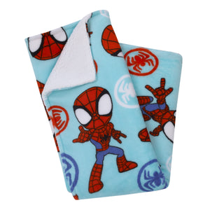 Marvel Spidey Light Blue, Red and White Super Soft Sherpa Toddler Blanket