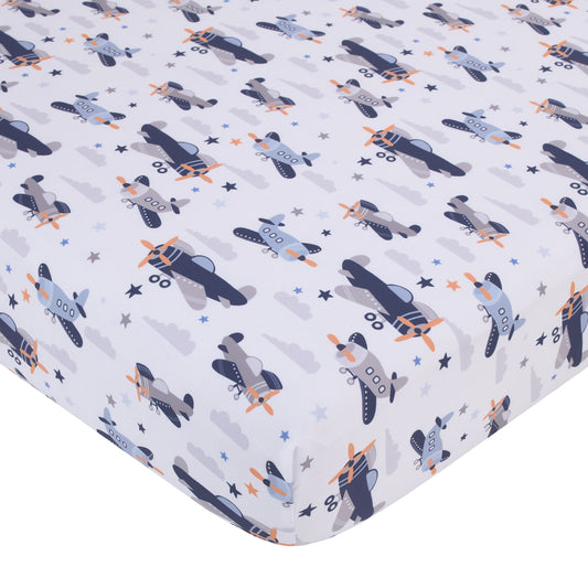 Little Love by NoJo Soar High Little One Navy, Light Blue, Orange, and White Airplanes, Clouds, and Stars Fitted Crib Sheet