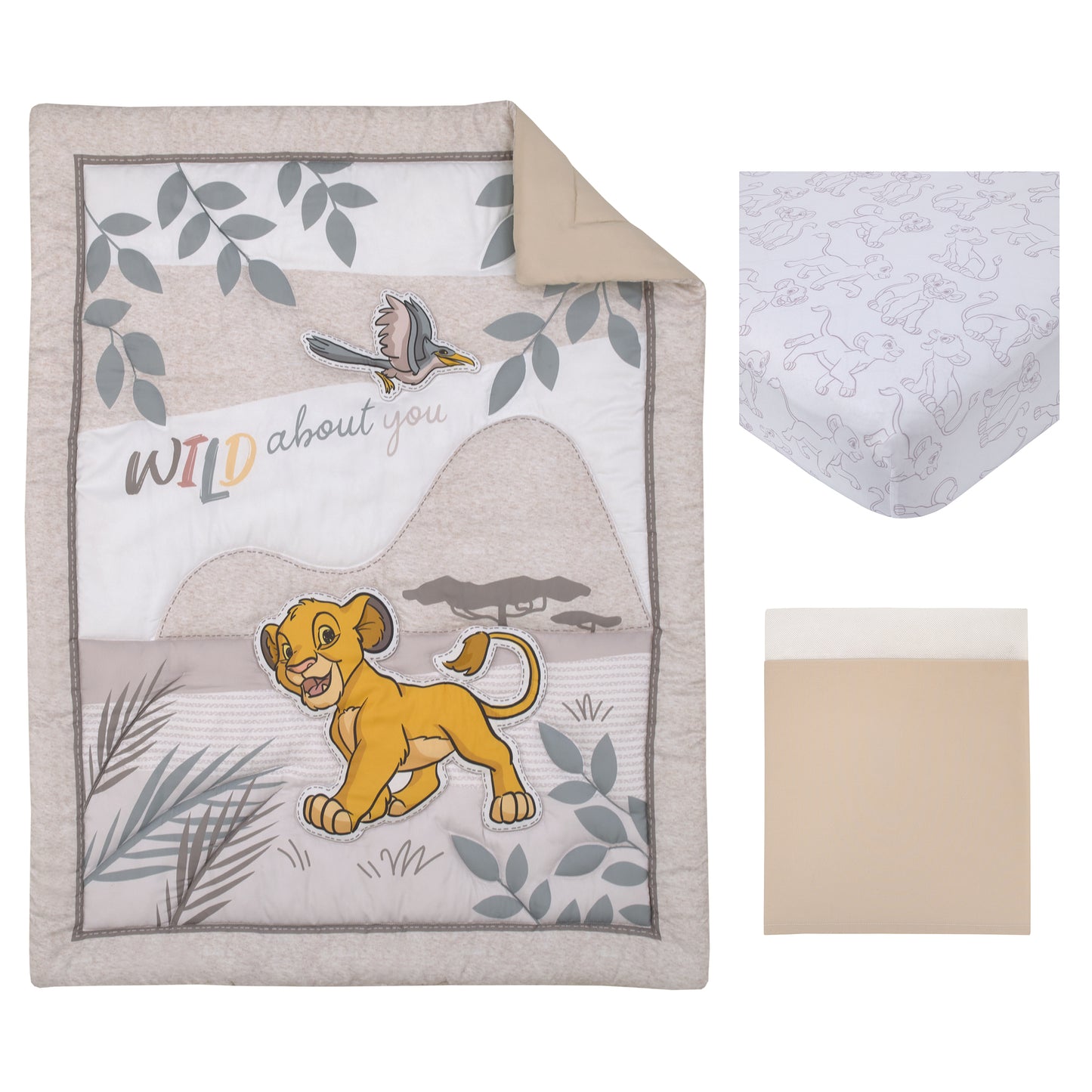 Disney Lion King - Wild About You Taupe, White and Teal Simba 3 Piece Nursery Crib Bedding Set - Comforter, Fitted Crib Sheet and Crib Skirt