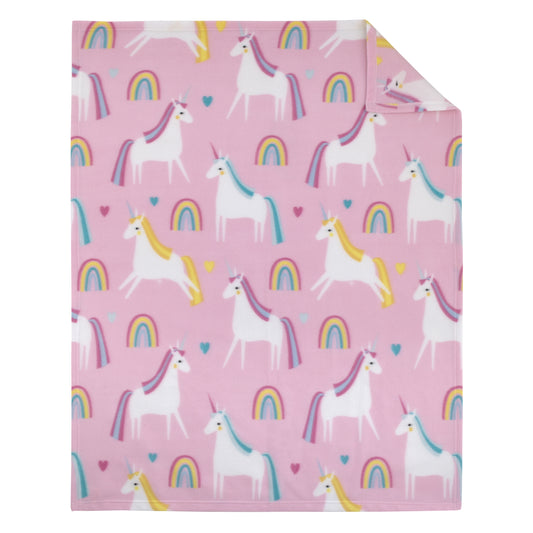 Everything Kids Unicorn Pink, Blue, and Yellow Rainbows and Hearts Super Soft Toddler Blanket
