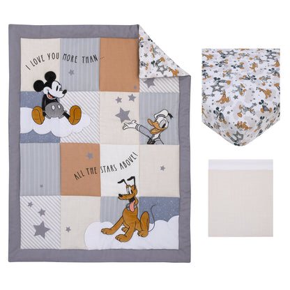 Disney Mickey Mouse Love Mickey Gray, Navy, and Tan Donald Duck and Pluto, Clouds and Stars 3 Piece Nursery Crib Bedding Set - Comforter, Fitted Crib Sheet, and Crib Skirt