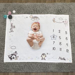 Warner Bros  Looney Tunes Best Buds White with Pastel Blue, Pink, and Yellow Bugs Bunny, Tweety, Tasmanian Devil, and Sylvester the Cat Milestone Blanket