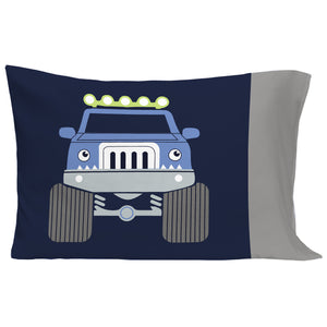 Carter's Monster Truck 4 Piece Toddler Bed Set - Comforter, Fitted Bottom Sheet, Flat Top Sheet, Standard Pillowcase, Navy and Grey