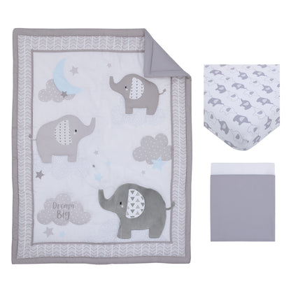 Little Love by NoJo Elephant Stroll Dream Big Clouds and Stars with Chevron Border 3 Piece Nursery Crib Bedding Set - Comforter, Fitted Crib Sheet, and Crib Skirt