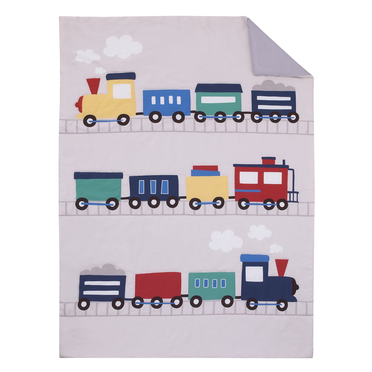 Everything Kids Choo Choo Train Gray, Blue, Red, and Yellow All Aboard 4 Piece Toddler Bed Set - Comforter, Fitted Bottom Sheet, Flat Top Sheet, Reversible Pillowcase