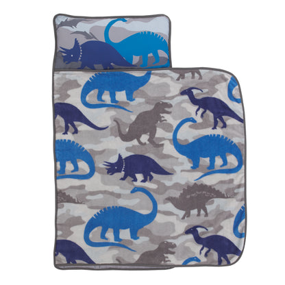 Everything Kids Blue and Grey Dino Toddler Nap Mat with Pillow and Blanket