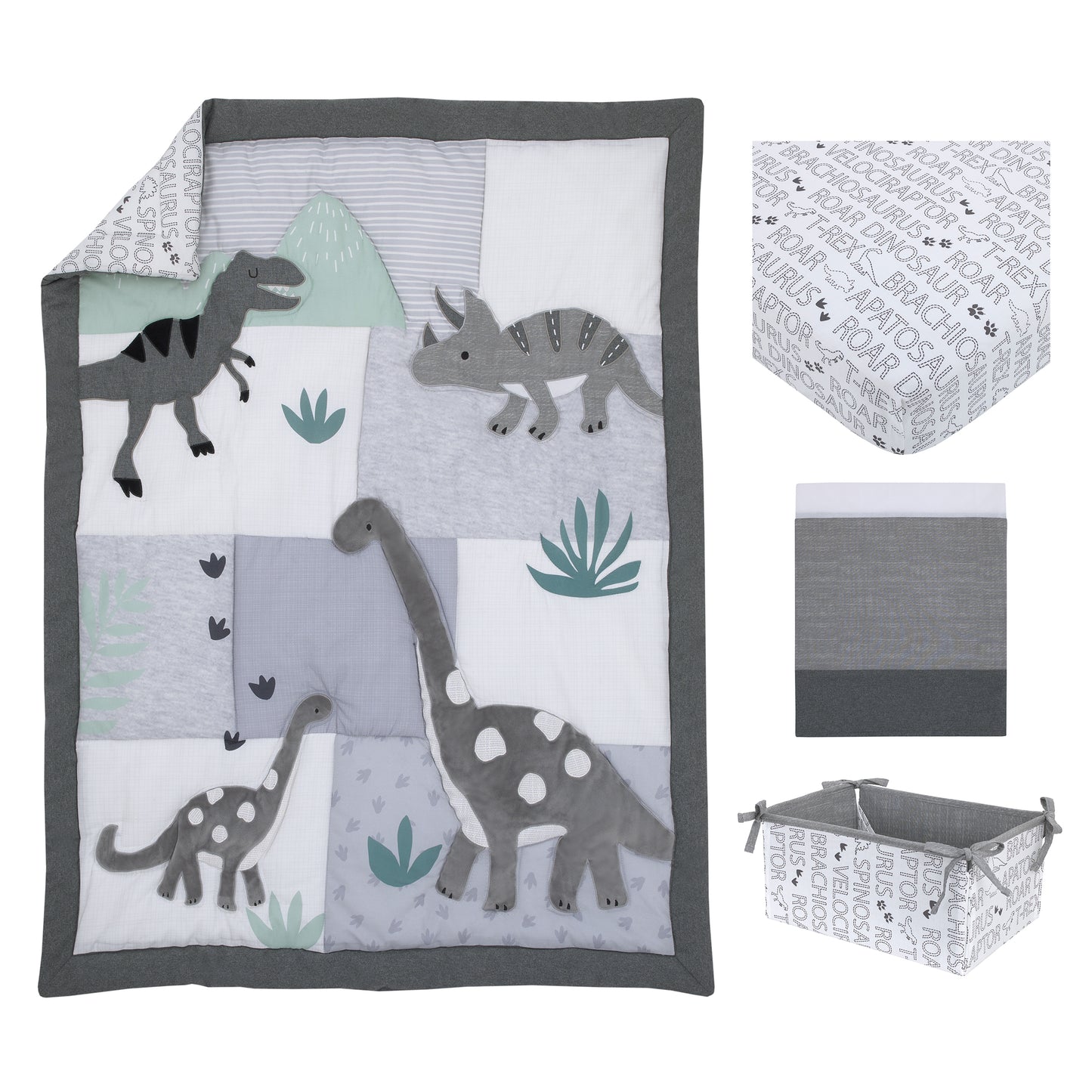 NoJo Baby-Saurus Gray, White, and Green Triceratops,  Brontosaurus, and Tyrannosaurus Dinosaurs with Mountains and Leaves 4 Piece Nursery Crib Bedding Set - Comforter, 100% Cotton Fitted Crib Sheet, Crib Skirt, and Storage