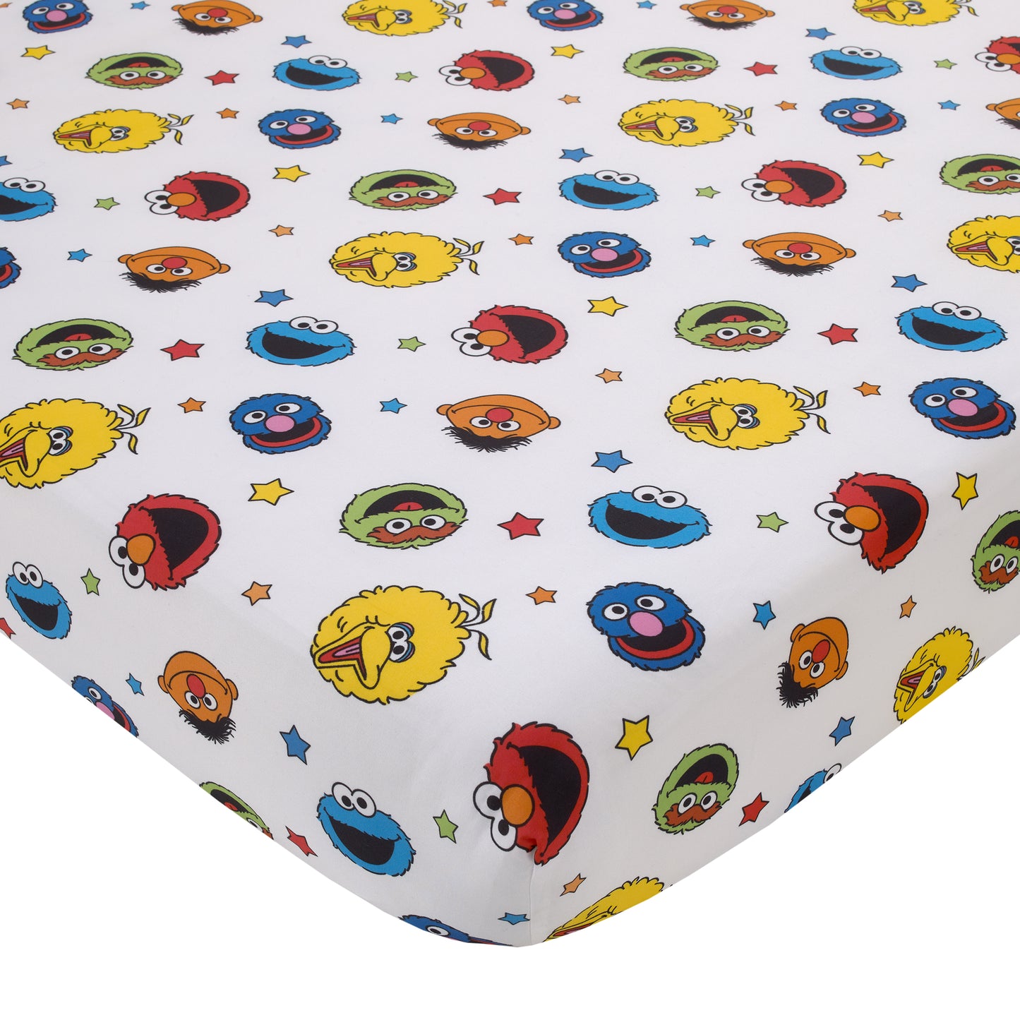 Sesame Street Come and Play Blue, Green, Red and Yellow, Elmo, Big Bird, Cookie Monster, Grover, and Oscar the Grouch 4 Piece Toddler Bed Set - Comforter, Fitted Bottom Sheet, Flat Top Sheet, and Reversible Pillowcase