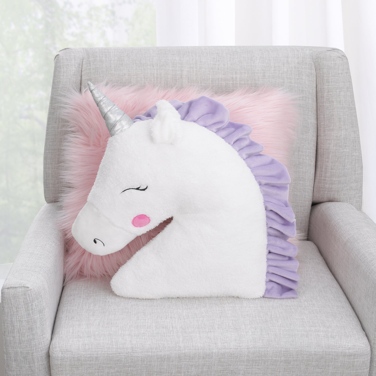 Little Love by NoJo Unicorn Shaped Plush Sherpa Decorative Pillow - White, Lilac, Silver