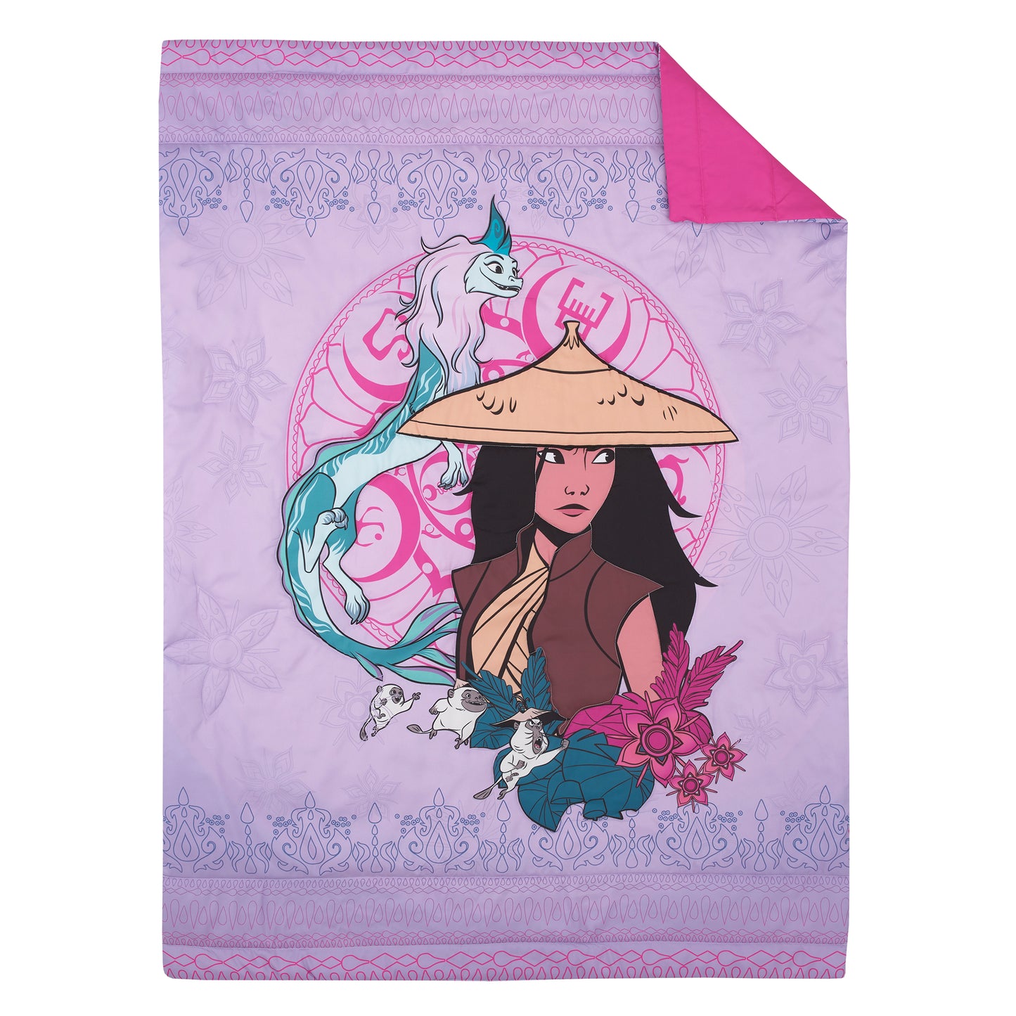 Disney Raya and the Last Dragon Mythic Pop Lavender, Magenta, and Blue with Sisu Dragon and Tuktuk 4 Piece Toddler Bed Set - Comforter, Fitted Bottom Sheet, Flat Top Sheet, and Reversible Pillowcase