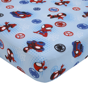 Marvel Spider-Man Spidey and his Amazing Friends Spidey Time Red, Blue, and Grey 4 Piece Toddler Bed Set - Comforter, Fitted Bottom Sheet, Flat Top Sheet, and Reversible Pillowcase
