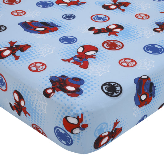 Marvel Spider-Man Spidey and his Amazing Friends Spidey Time Red, Blue, and Grey 4 Piece Toddler Bed Set - Comforter, Fitted Bottom Sheet, Flat Top Sheet, and Reversible Pillowcase