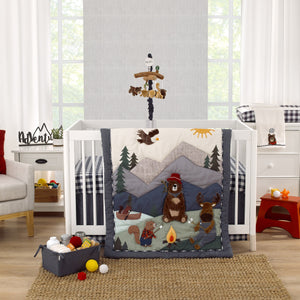 NoJo Into the Wilderness Navy, White, Green and Brown Wake the Bear 100% Cotton Photo Op Fitted Crib Sheet