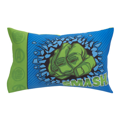 Marvel The Incredible Hulk - The Big Guy - Blue and Green 4 Piece Toddler Bed Set - Comforter, Fitted Bottom Sheet, Flat Top Sheet, and Reversible Pillowcase