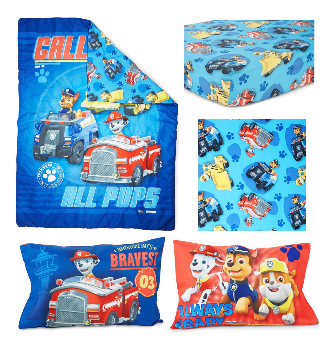 NoJo Paw Patrol Calling All Pups 4 Piece Toddler Bed Set Includes - Comforter, Fitted Bottom Sheet, Flat Top Sheet, Reversible Pillowcase