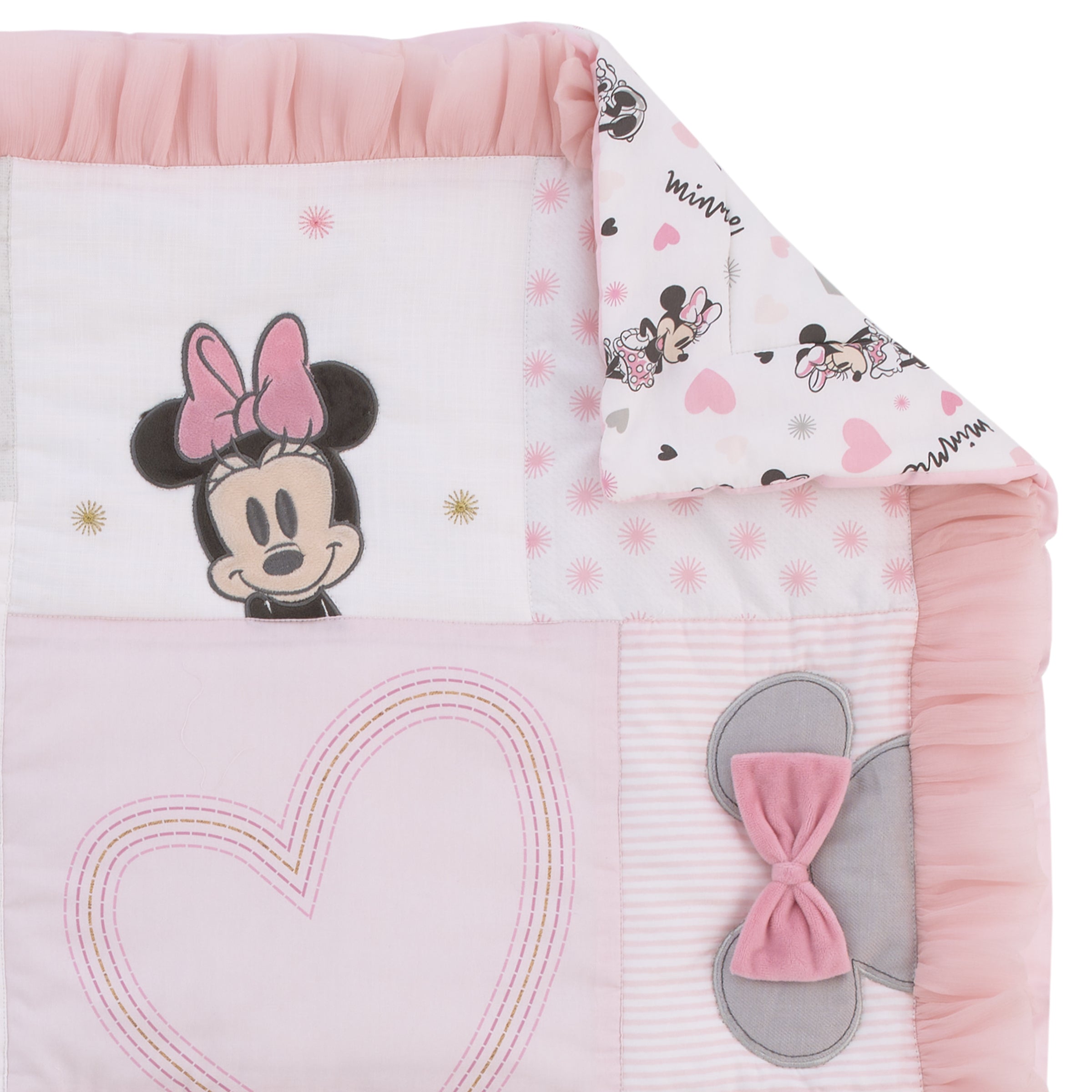 Disney Minnie Mouse My Happy Place Pink Black Gray and White 3 Piece Nursery Crib Bedding Set Comforter 100 Cotton Fitted Crib Sheet and Crib Skirt NoJo Baby