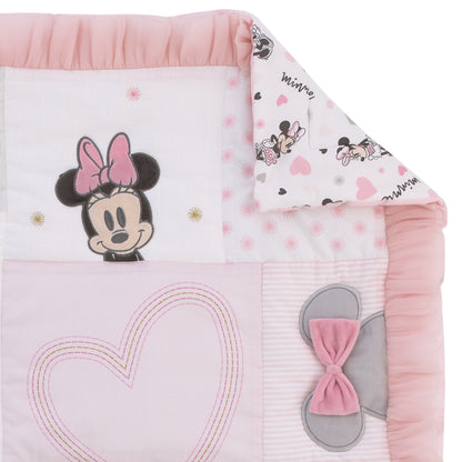 Disney Minnie Mouse My Happy Place Pink, Black, Gray, and White 3 Piece Nursery Crib Bedding Set - Comforter, 100% Cotton Fitted Crib Sheet, and Crib Skirt