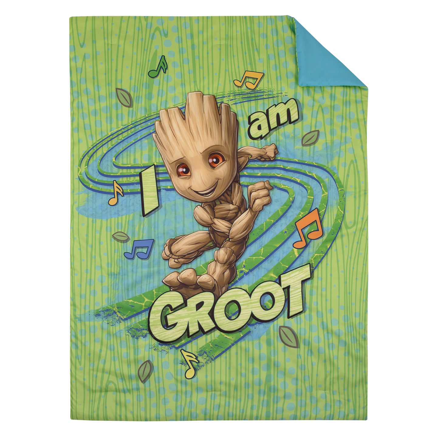 Marvel Guardians of the Galaxy I Am Groot Green and Blue 4 Piece Toddler Bed Set - Comforter, Fitted Bottom Sheet, Flat Top Sheet, and Reversible Pillowcase