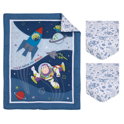 Disney Toy Story Outta This World Blue, Red, and Green Buzz Lightyear and Alien 3 Piece Nursery Mini Crib Bedding Set - Comforter and Two Fitted Mini Crib Sheets