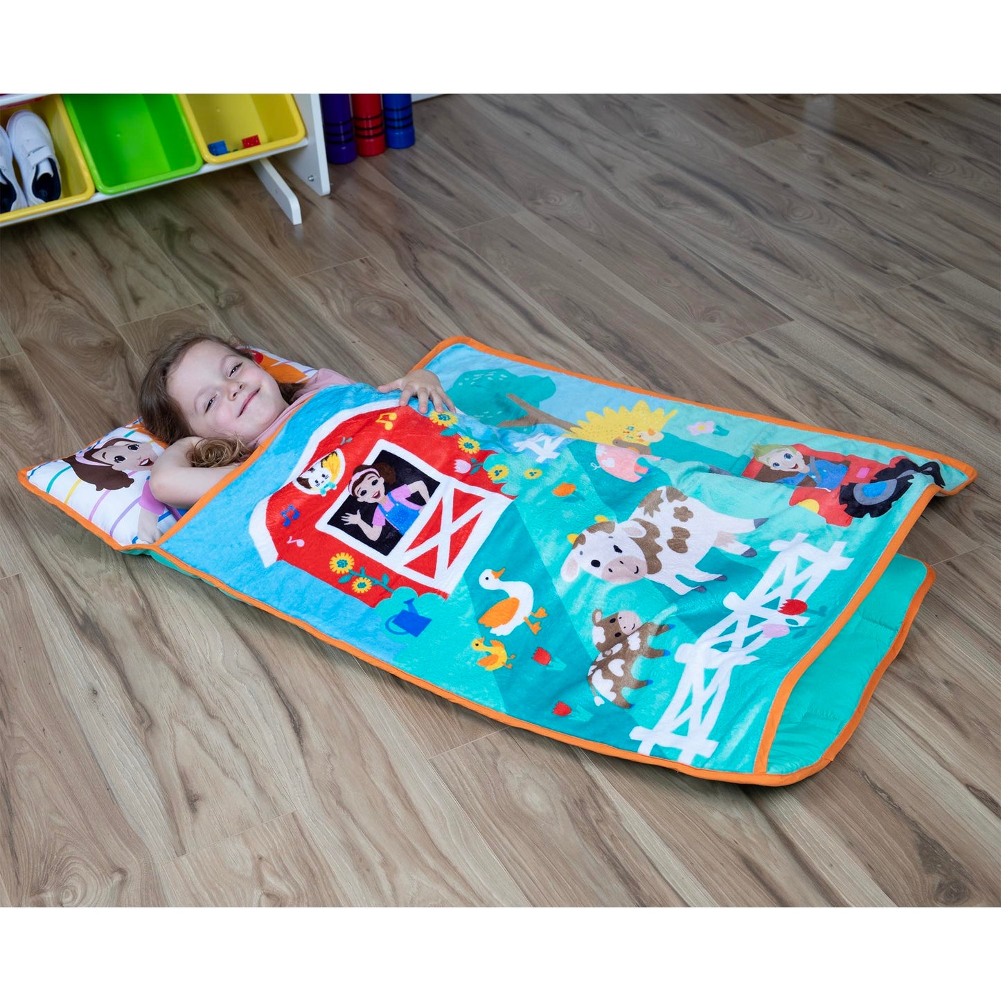 Ms. Rachel Farm Friends Toddler Nap Mat - Includes Attached Pillow and Fleece Blanket