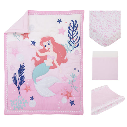 Disney The Little Mermaid Pink, Aqua, and Coral Ariel Cute by Nature 4 Piece Nursery Crib Bedding Set - Comforter, Fitted Crib Sheet, Changing Pad Cover, and Crib Skirt