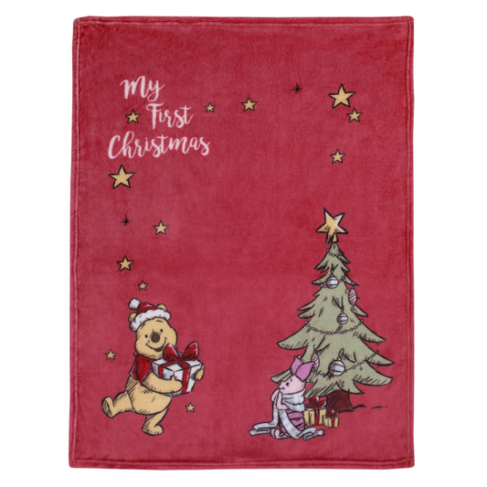 Disney Winnie the Pooh and Piglet Red and Green Holiday Christmas Tree "My First Christmas" Photo Op Super Soft Baby Blanket