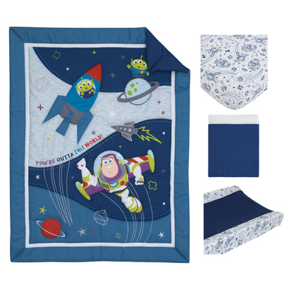 Disney Toy Story Outta This World Blue and Gray Buzz Lightyear 4 Piece Nursery Crib Bedding Set - Comforter, Fitted Crib Sheet, Changing Pad Cover, and Crib Skirt