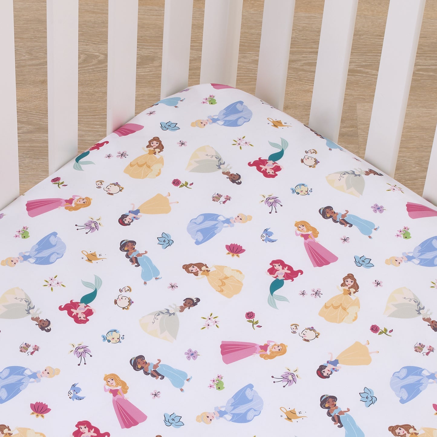 Disney Princess Pink, Blue, Yellow, and White Super Soft Nursery Fitted Mini Crib Sheet