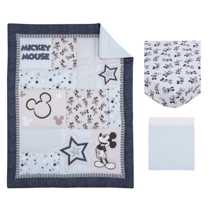 Disney Mickey Mouse - Timeless Mickey Blue, Gray, and White Stars and Icons 3 Piece Nursery Crib Bedding Set - Comforter, Fitted Crib Sheet, and Crib Skirt