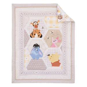 Disney Winnie the Pooh Hugs and Honeycombs Grey, White, and Tan Patchwork with Piglet, Tigger and Eeyore 3 Piece Crib Bedding Set - Comforter, 100% Cotton Fitted Crib Sheet, and Crib Skirt