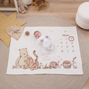 NoJo Disney Classic Winnie the Pooh You Are So Loved Milestone Baby Blanket, Ivory and Taupe