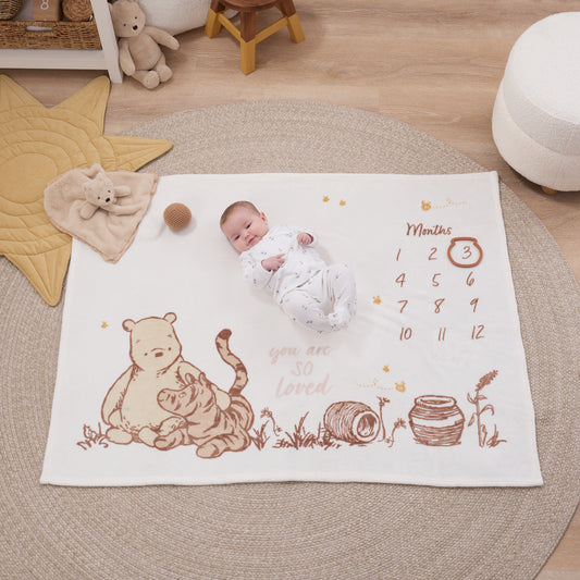 NoJo Disney Classic Winnie the Pooh You Are So Loved Milestone Baby Blanket, Ivory and Taupe