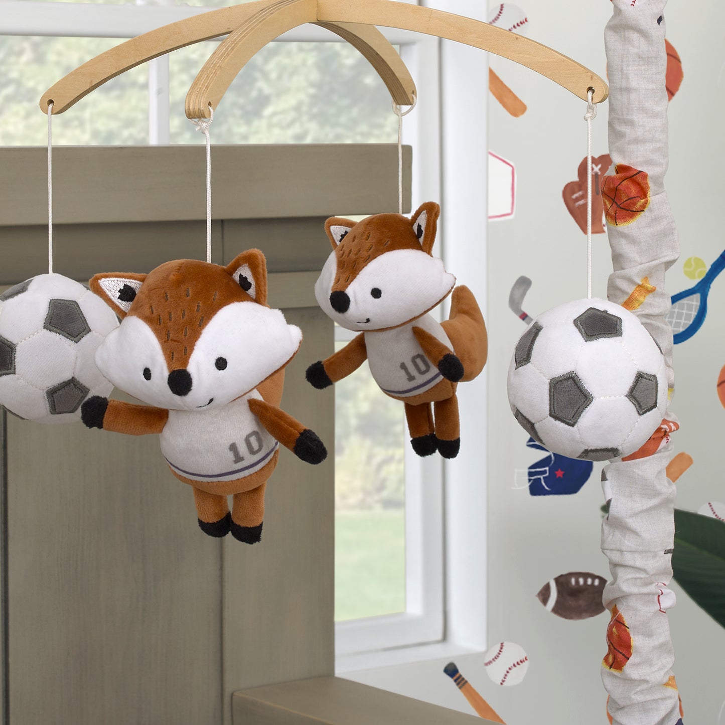 NoJo Team All Star Brown, White, Black and Grey, Fox with Soccer Balls Plush Musical Mobile