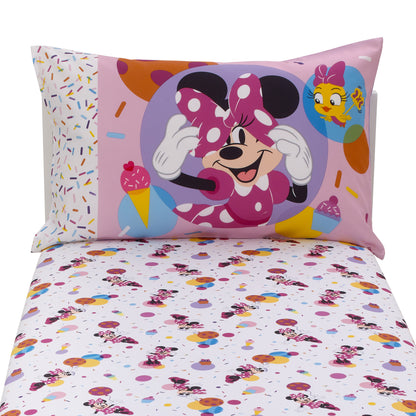 Disney Minnie Mouse Let's Party Pink, Lavender, and White Balloons, Cupcakes, and Confetti 2 Piece Toddler Sheet Set - Fitted Bottom Sheet and Reversible Pillowcase