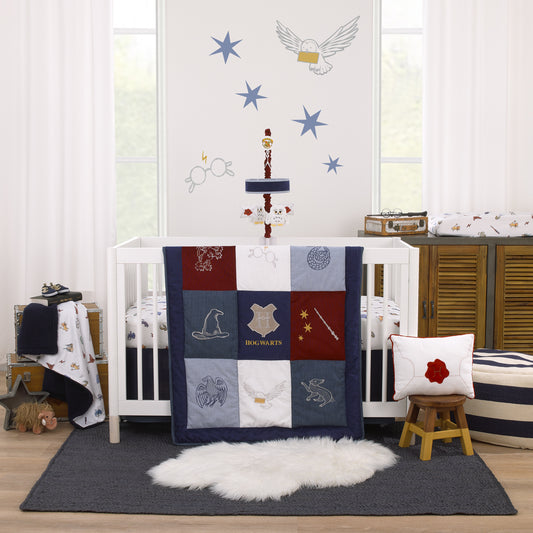 Warner Brothers Harry Potter Welcome Little Wizard Navy, Burgundy, Denim Blue and White, Appliqued 3 Piece Crib Bedding Set - Comforter, Fitted Crib Sheet, and Crib Skirt