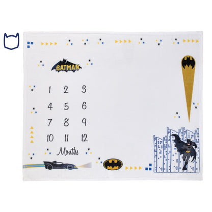 Warner Brothers Batman White and Black Batmobile, Gotham City, and Bat Signal Milestone Baby Blanket