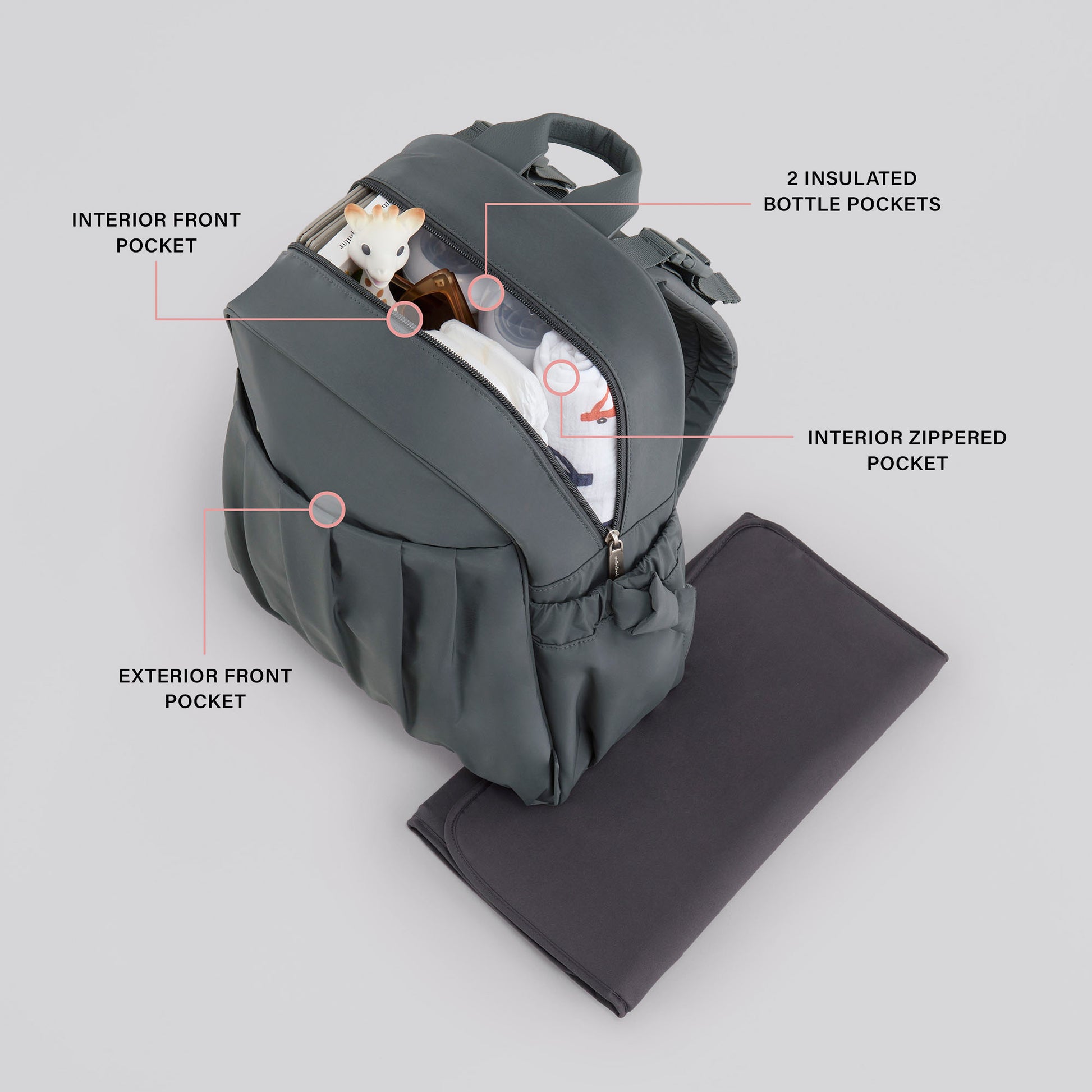 Motherhood Gathered Pocket Backpack Diaper Bag, Gray