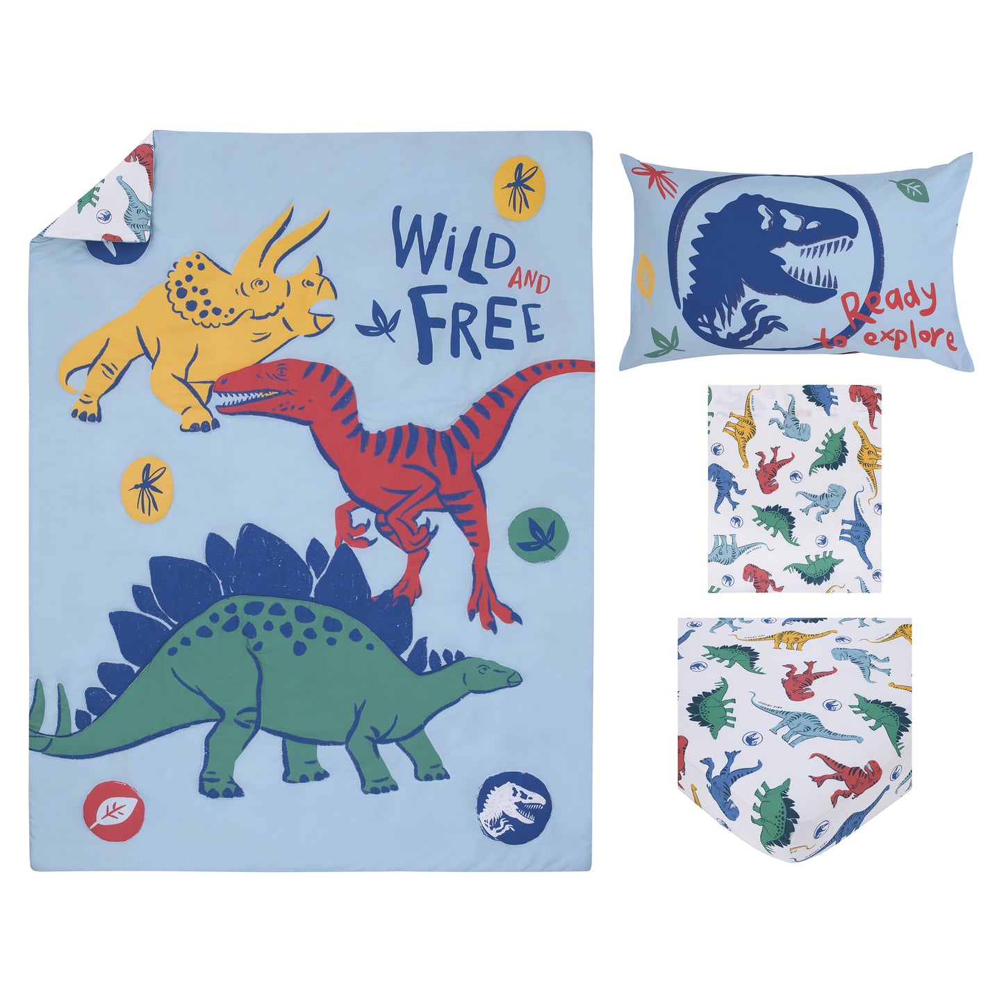 Universal Jurassic World Wild and Free Blue, Green, and Yellow Dinosaur 4 Piece Toddler Bed Set - Comforter, Fitted Bottom Sheet, Flat Top Sheet, Reversible Pillowcase