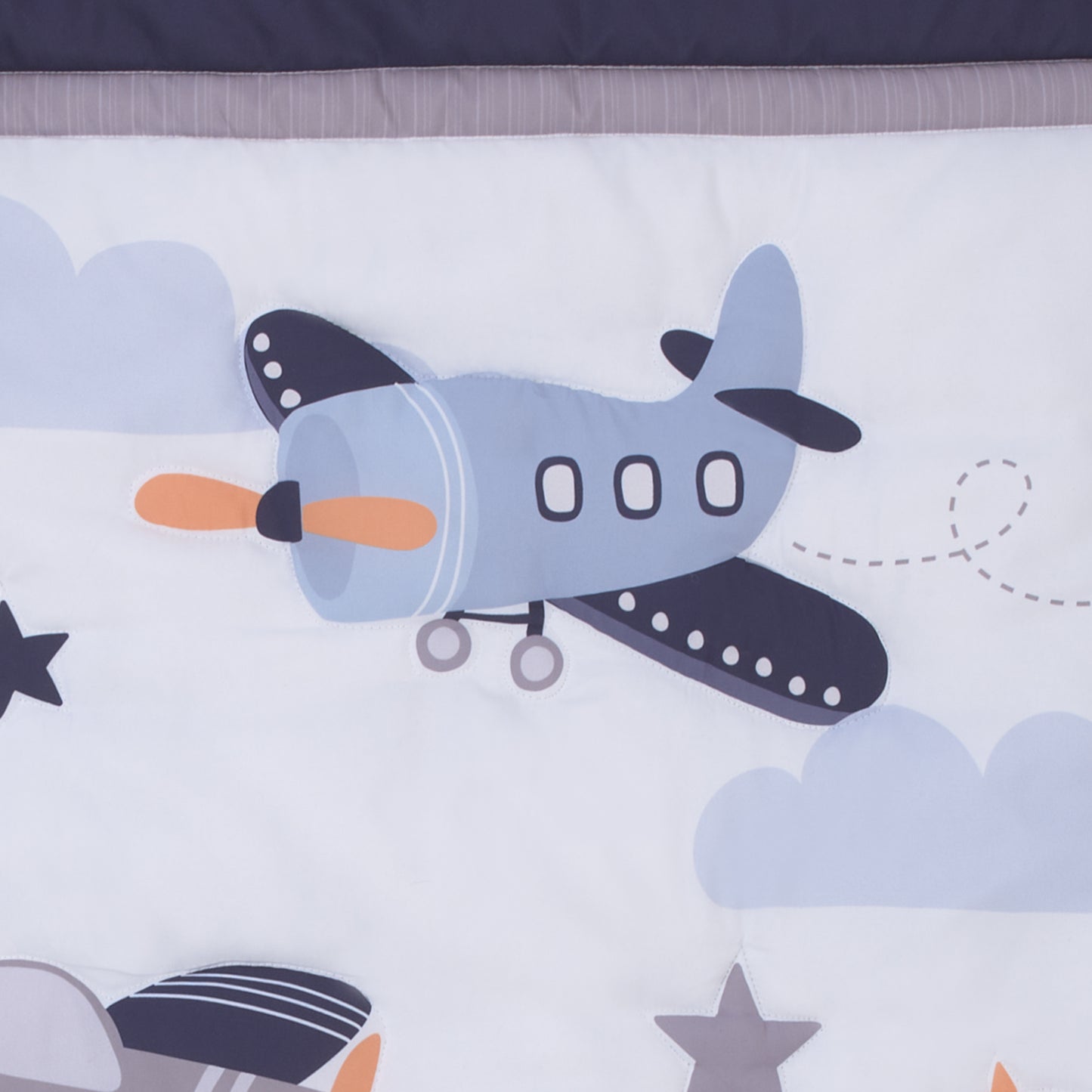 Little Love by NoJo Soar High Little One Navy, Light Blue, Orange, and White Airplanes, Clouds, and Stars 3 Piece Nursery Mini Crib Bedding Set - Comforter, and Two Fitted Mini Crib Sheets