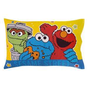 Sesame Street Come and Play Blue, Green, Red and Yellow, Elmo, Big Bird, Cookie Monster, Grover, and Oscar the Grouch 4 Piece Toddler Bed Set - Comforter, Fitted Bottom Sheet, Flat Top Sheet, and Reversible Pillowcase