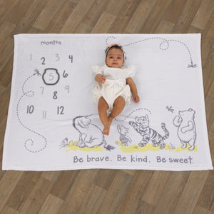 Disney Classic Winnie The Pooh, White, Grey and Lime Super Soft Milestone Baby Blanket