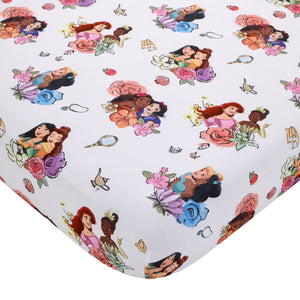 Disney Princesses Courage and Kindness Pink, Blue, and White, Rapunzel, Ariel, Tiana, Moana, Jasmine, Cinderella, Mulan, Belle, and Snow White 4 Piece Toddler Bed Set - Comforter, Fitted Bottom Sheet, Flat Top Sheet, and Reversible Pillowcase