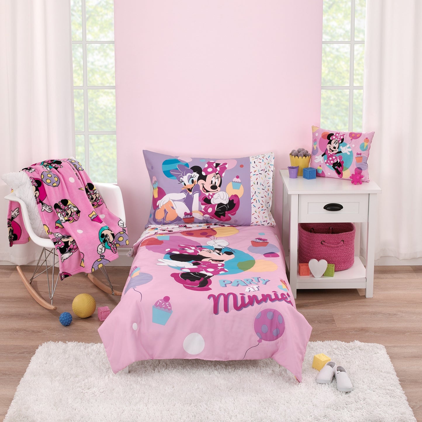 Disney Minnie Mouse Let's Party Pink, Turquoise, Lavender, and Yellow Balloons, Ice-cream Cones, and Cupcakes Plush Toddler Pillow