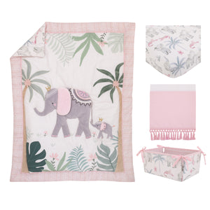 NoJo Tropical Princess Elephant /Jungle Pink and Green 4 Piece Crib Bedding Set - Comforter, Fitted Crib Sheet, Dust Ruffle and Storage