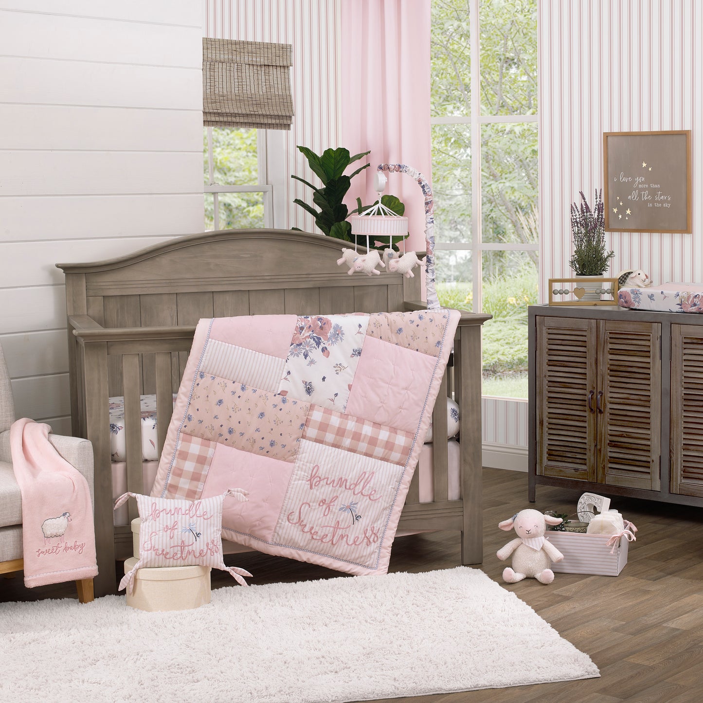 NoJo Farmhouse Chic Pink, Periwinkle, and White Floral, Stripes, Gingham, and Velvet 'Bundle of Sweetness' 4 Piece Nursery Crib Bedding Set - Comforter, 100% Cotton Fitted Crib Sheet, Crib Skirt, and Storage